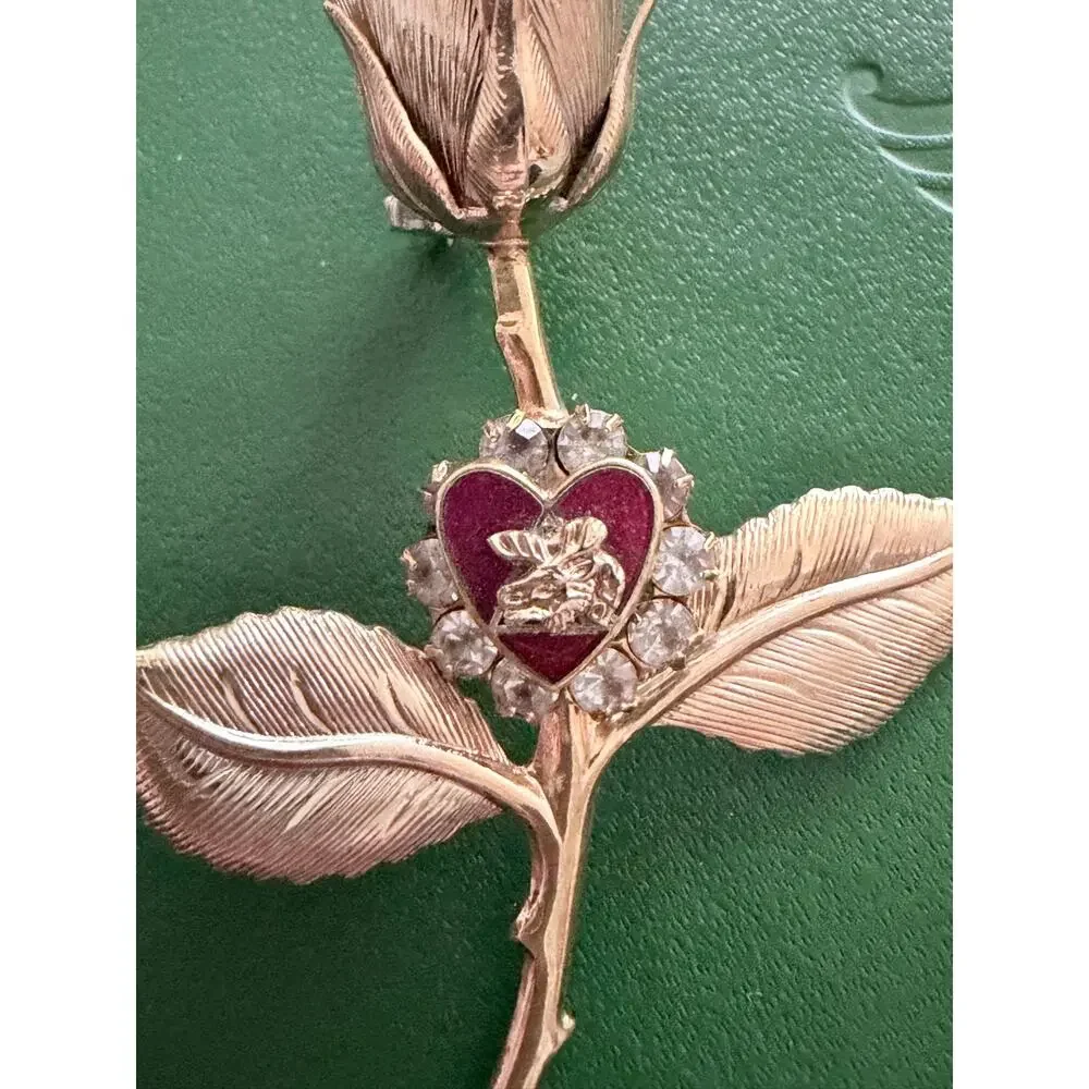 Vintage Moose Lodge Heart Rhinestone Gold Tone Rose Brooch Pin 3 inch